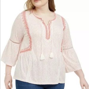 Style & Co Pullover Tunic Top Size 1X 3/4 Bell Sleeves Tassel Lace Boho Peasant